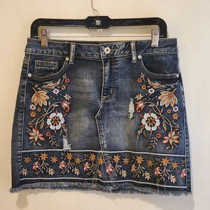 Denim embroidered mini skirt by Altar'd State, embroidery